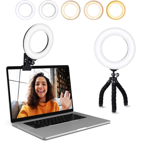 XiaoY Dual-Use Ring Light with Clip Mount & Mini Tripod Stand, 5 Color Modes Dimmable LED Circle Light for Video Call Selfie Desktop Streaming