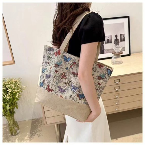 Xiaocao8 Printed Canvas Tote Bag for Women, Shoulder Bags with Zipper Handbag Casual Bag for Travel and Work,Black