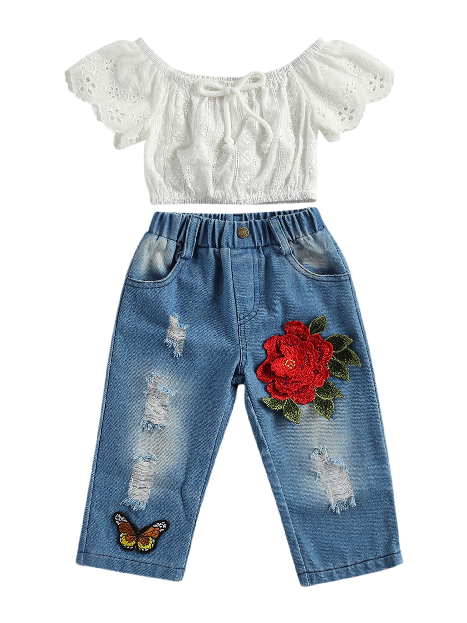 Toddler Baby Girl Lace Floral Tops+Ripped Jeans Denim Pants Outfits Set  Clothes | Wish