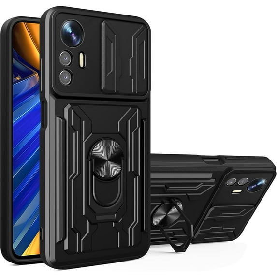 for Xiaomi 12 Lite Case Sliding Window Case with Card Holders, Cover with Slide Camera Protection Built-in Magnetic Kickstand Case for Xiaomi 12 Lite LJK Black