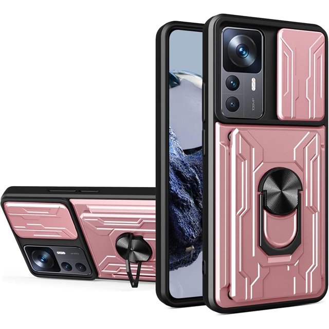 for Xiaomi 12T Case Sliding Window Case with Card Holders, Cover with Slide Camera Protection Built-in Magnetic Kickstand Case for Xiaomi 12T Pro/Redmi K50 Ultra LJK Rose Gold