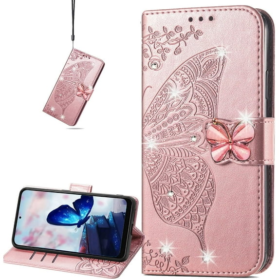 for Xiaomi 13 Wallet Case for Women Girls, Shiny Butterfly Flower PU Leather Cover with Card Slot Holder Flip Phone Case for Xiaomi 13 Rhinestone Rose Gold