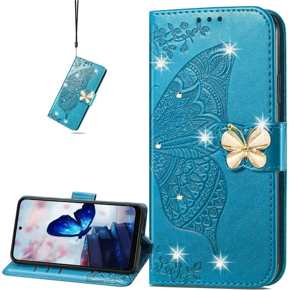 for Xiaomi 13 Wallet Case for Women Girls, Shiny Butterfly Flower PU Leather Cover with Card Slot Holder Flip Phone Case for Xiaomi 13 Rhinestone Blue