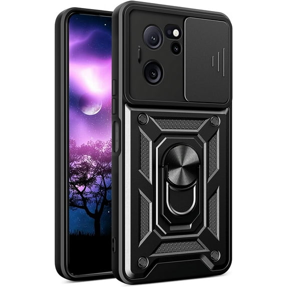 for Xiaomi 13T Case with Slide Camera Cover for Men, Military Grade Drop Phone Cover Case with Rotate Ring Kickstand for Xiaomi 13T / Xiaomi 13T Pro SJ Black