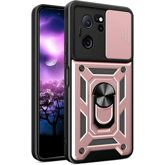 for Xiaomi 13T Case with Slide Camera Cover for Men, Military Grade Drop Phone Cover Case with Rotate Ring Kickstand for Xiaomi 13T / Xiaomi 13T Pro SJ Rose Gold