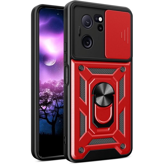 for Xiaomi 13T Case with Slide Camera Cover for Men, Military Grade Drop Phone Cover Case with Rotate Ring Kickstand for Xiaomi 13T / Xiaomi 13T Pro SJ Red
