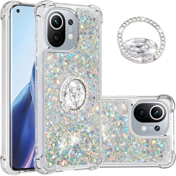 for Xiaomi Mi 11 5G Case, Creativity Clear Quicksand Glitter Flowing Liquid Floating Soft TPU Case w/Stand Bling Diamond Sparkle Phone Cover for Xiaomi Mi 11 5G  Silver