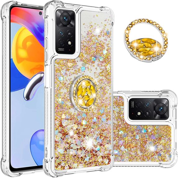 for Xiaomi Note 11 Pro Glitter Case with Ring Holder, Bling Sparkle Floating Liquid Soft TPU Cushion Fashion Clear Case Cover for Xiaomi Note 11 Pro/Note 11 Pro+ Gold
