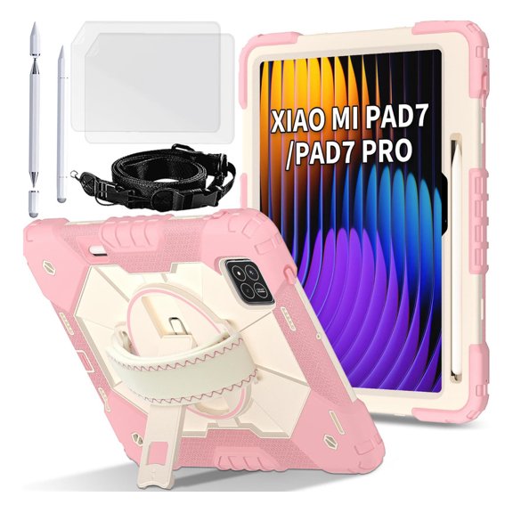 for Xiaomi Pad 7/7 Pro Case with Screen Protector/Shoulder Strap/Wrist Handle Grip/Rotating Stand/Stylus Pencil Holder, Rugged Armor Silicone Cover Drop/Shock Proof Kids