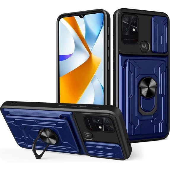 for Xiaomi Poco C40 Case Sliding Window Case with Card Holders, Cover with Slide Camera Protection Built-in Magnetic Kickstand Case for Xiaomi Poco C40 LJK Blue