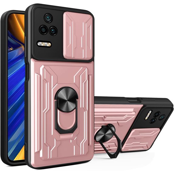 for Xiaomi Poco F4 Case Sliding Window Case with Card Holders, Redmi K40S Cover with Slide Camera Protection Built-in Magnetic Kickstand Case for Xiaomi Redmi K40S/Poco F4 LJK Rose Gold