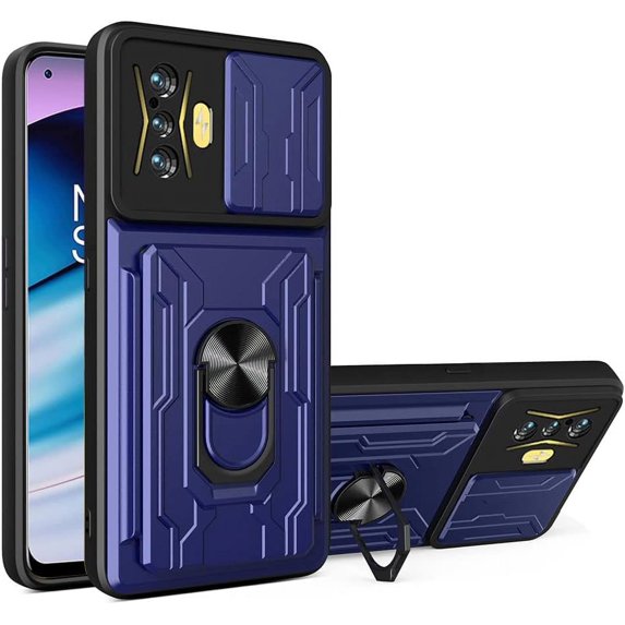 for Xiaomi Poco F4 GT Case with Card Holder, Heavy Duty Protection Phone Case with Magnetic Ring Kickstand Slide Camera Cover for Xiaomi Poco F4 GT/Redmi K50 Gaming LJK Blue
