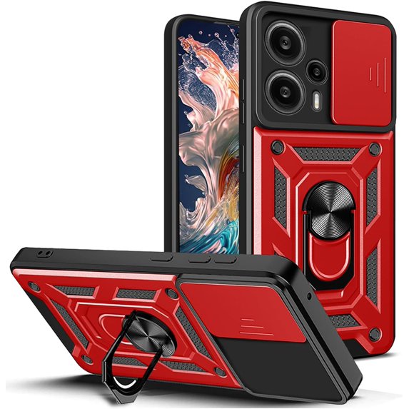 for Xiaomi Poco F5 5G Case with Slide Camera Cover for Men, Military Grade Drop Protective Phone Cover Case with Ring Kickstand for Xiaomi Redmi Note 12 Turbo 5G/Xiaomi Poco F5 5G SJ Red