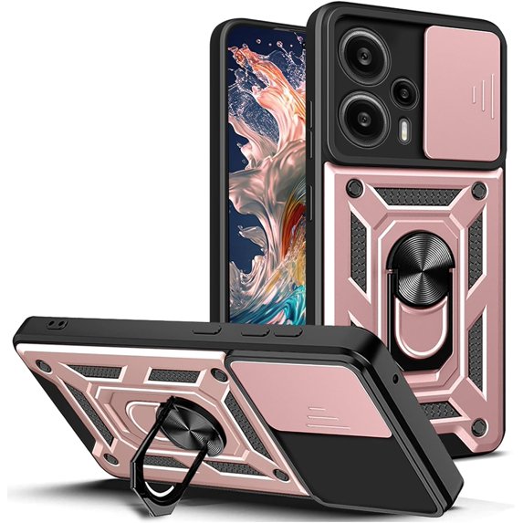 for Xiaomi Poco F5 5G Case with Slide Camera Cover for Men, Military Grade Drop Protective Phone Cover Case with Ring Kickstand for Xiaomi Redmi Note 12 Turbo 5G/Xiaomi Poco F5 5G SJ Rose Gold