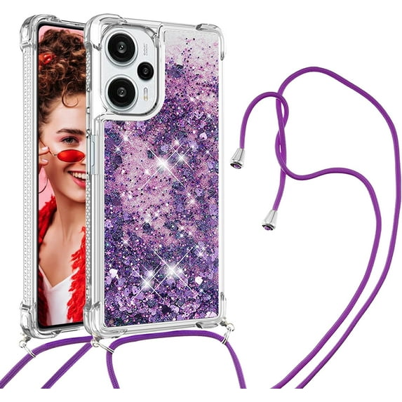 for Xiaomi Poco F5 5G Clear Case with Crossbody Lanyard, Glitter Sparkly Bling Quicksand with Detachable Adjustable Shoulder Neck Strap Cover Cases for Xiaomi Poco F5 5G QKG Purple
