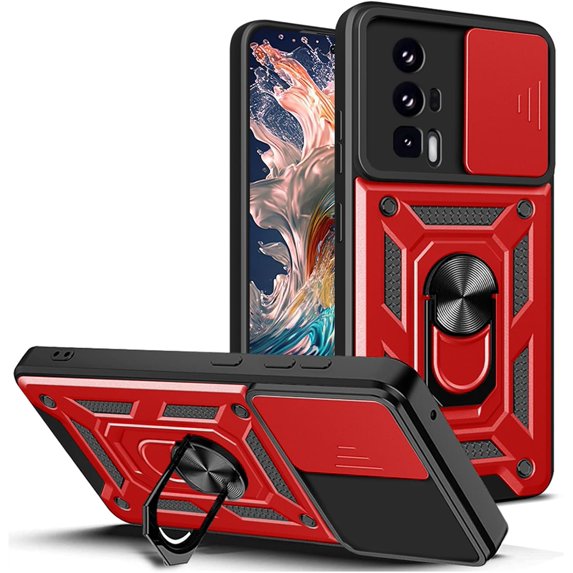 for Xiaomi Poco F5 Pro 5G Case with Slide Camera Cover for Men, Military Grade Drop Protective Phone Cover Case with Ring Kickstand for Xiaomi Poco F5 Pro 5G SJ Red