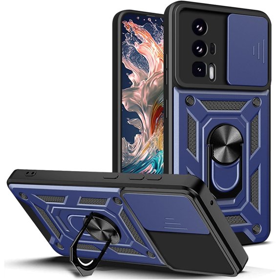 for Xiaomi Poco F5 Pro 5G Case with Slide Camera Cover for Men, Military Grade Drop Protective Phone Cover Case with Ring Kickstand for Xiaomi Poco F5 Pro 5G SJ Blue