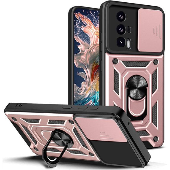 for Xiaomi Poco F5 Pro 5G Case with Slide Camera Cover for Men, Military Grade Drop Protective Phone Cover Case with Ring Kickstand for Xiaomi Poco F5 Pro 5G SJ Rose Gold