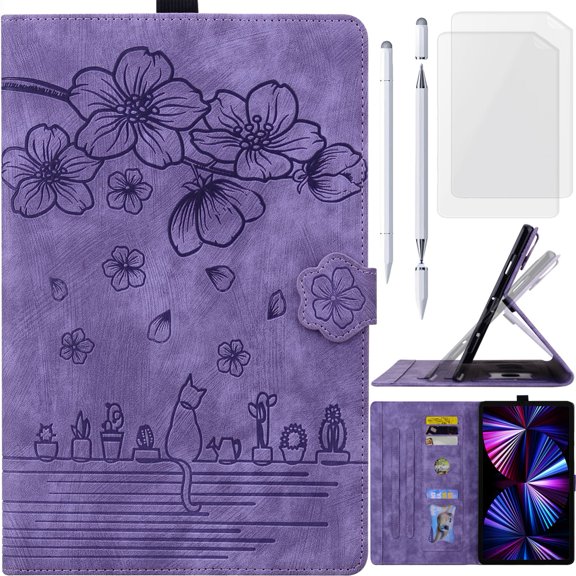 for Xiaomi Poco Pad 12.1/Redmi Pad Pro 5G Leather Case, Cartoon Oil Painting Cat Cherry Blossoms Folio Flip Cover, Stylus Pen Holder Card Slot, Magnetic Floral Buckle, Screen Protector