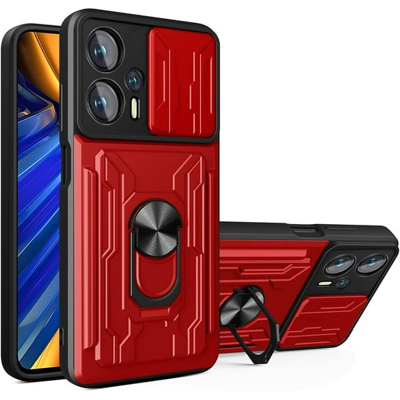for Xiaomi Poco X4 GT 5G Case Sliding Window Case with Card Holders, Cover with Slide Camera Protection Built-in Magnetic Kickstand Case for Xiaomi Poco X4 GT 5G LJK Red