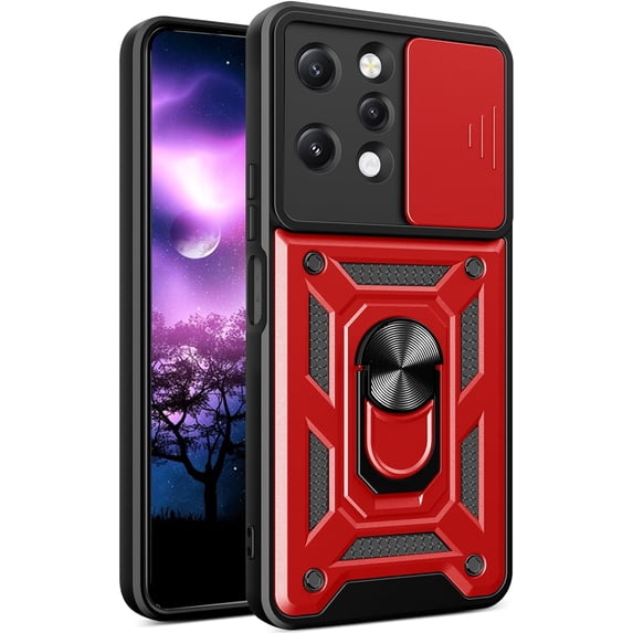 for Xiaomi Redmi 12 4G Case with Slide Camera Cover for Men, Military Grade Drop Phone Cover Case with Rotate Ring Kickstand for Xiaomi Redmi 12 4G SJ Red