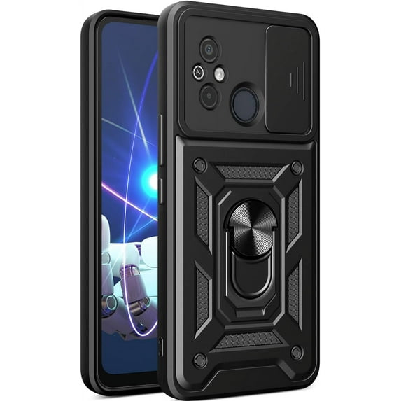 for Xiaomi Redmi 12C 4G Case with Slide Camera Cover for Men, Military Grade Drop Protective Phone Cover Case with Ring Kickstand for Xiaomi Redmi 12C 4G /Redmi 11A 4G SJ Black