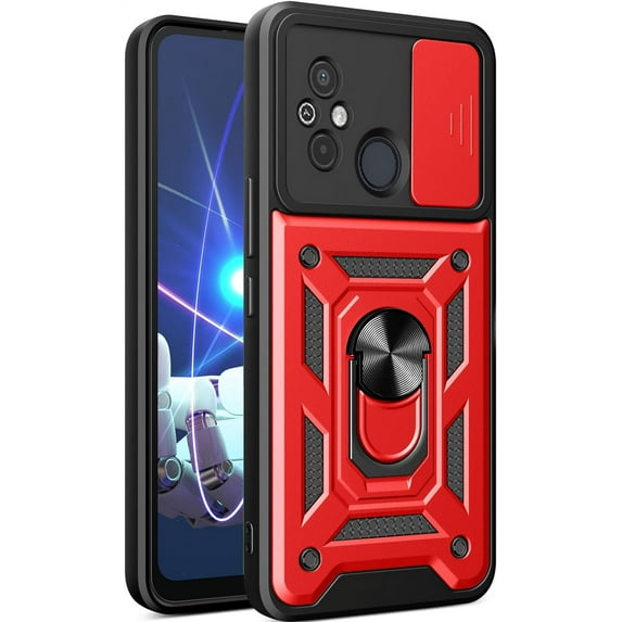 for Xiaomi Redmi 12C 4G Case with Slide Camera Cover for Men, Military Grade Drop Protective Phone Cover Case with Ring Kickstand for Xiaomi Redmi 12C 4G /Redmi 11A 4G SJ Red