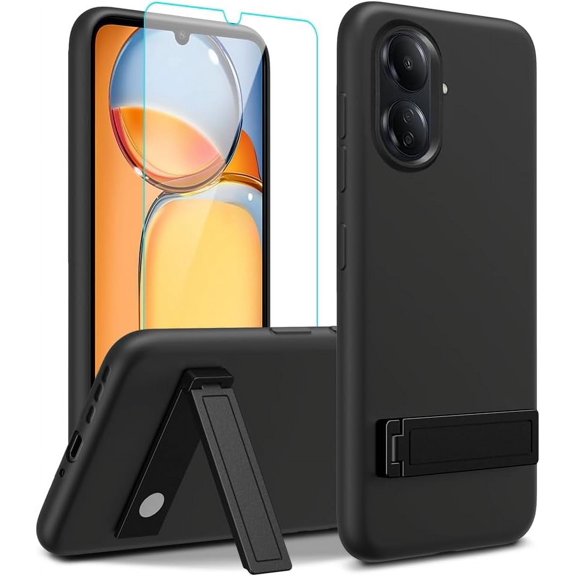 for Xiaomi Redmi 13C 4G (Not 5G) Phone Case with Glass Screen Protector, [3 Stand Ways] Metal Kickstand / Stand Silicone TPU Shockproof Protective Cover Case for Redmi 13 C/Poco C65 4G - Black