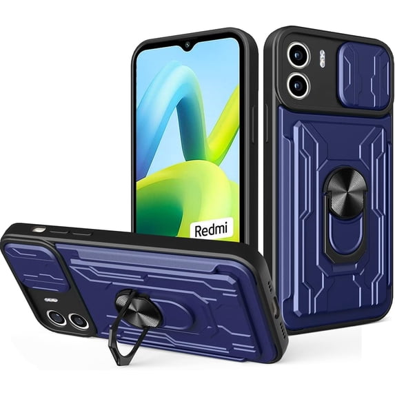 for Xiaomi Redmi A1 Case Sliding Window Case with Card Holders, Cover with Slide Camera Protection Built-in Magnetic Kickstand Case for Xiaomi Redmi A1 LJK Blue