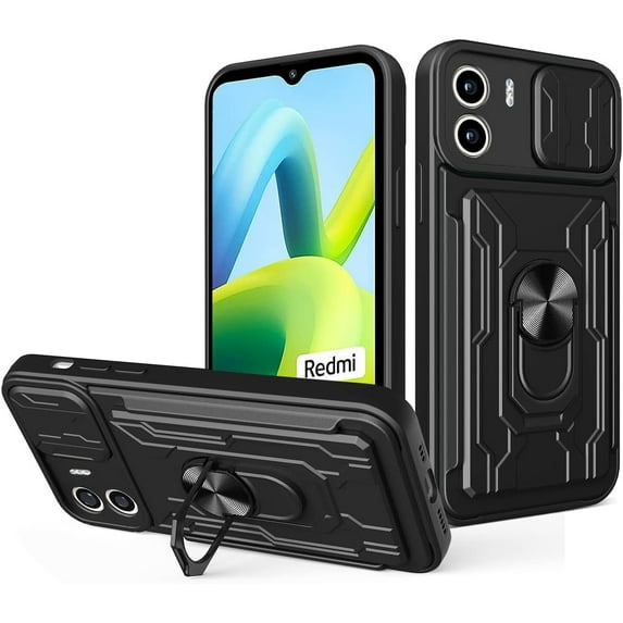 for Xiaomi Redmi A1 Case Sliding Window Case with Card Holders, Cover with Slide Camera Protection Built-in Magnetic Kickstand Case for Xiaomi Redmi A1 LJK Black