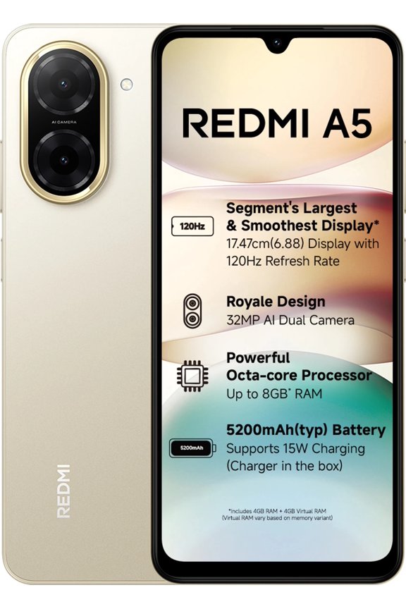 Redmi A5 4G 6.88" 64GB 3GB RAM GSM Unlocked Smartphone, Gold