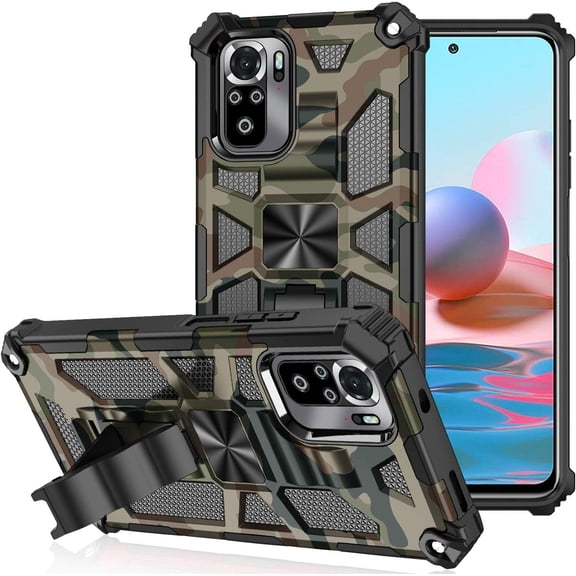 for Xiaomi Redmi Note 10 4G (Not 5G) Camouflage Design Case with Heavy Duty Shockproof Military Grade Anti-Fall Protection Built-in Magnetic Kickstand Cover for Redmi Note 10S MC Army Green