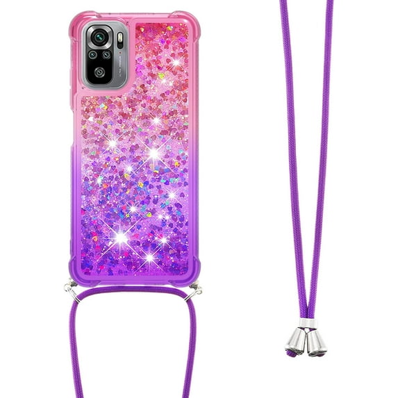 Xiaomi Redmi Note 10 4G (Not 5G) Cute Case with Strap Crossbody Gradient Quicksand Bling Sparkle Flowing Liquid Floating with Neck Cord Lanyard Strap Case for Redmi Note 10S LSGS Pink Mauve
