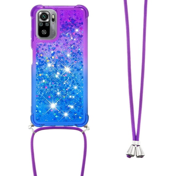 Xiaomi Redmi Note 10 4G (Not 5G) Cute Case with Strap Crossbody Gradient Quicksand Bling Sparkle Flowing Liquid Floating with Neck Cord Lanyard Strap Case for Redmi Note 10S LSGS Purple Navy