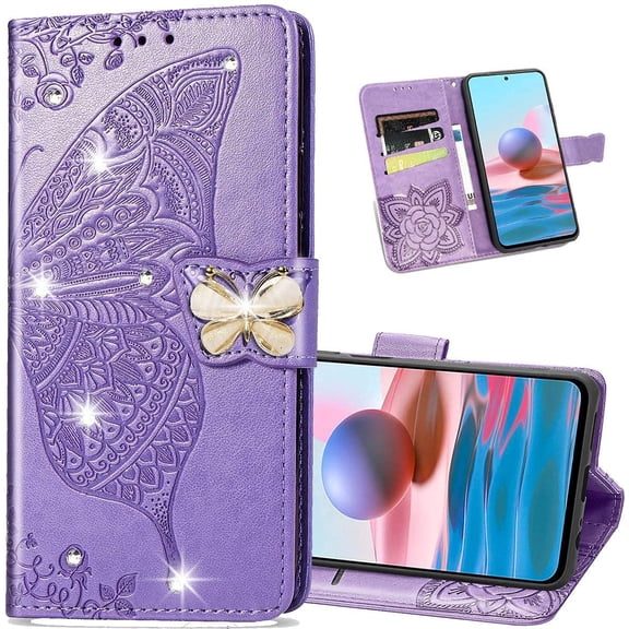 for Xiaomi Redmi Note 10 5G Wallet Case (Not 4G),3D Butterfly Embossing Slim Flip PU Leather Case Magnetic Closure for Credit Card Slots Holder Cover for Redmi Note 10 5G Rhinestone Purple
