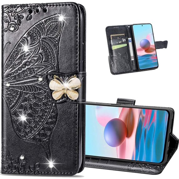 for Xiaomi Redmi Note 10 5G Wallet Case (Not 4G),3D Butterfly Embossing Slim Flip PU Leather Case Magnetic Closure for Credit Card Slots Holder Cover for Redmi Note 10 5G Rhinestone Black