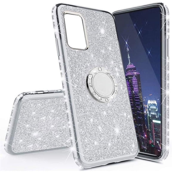 for Xiaomi Redmi Note 10 Pro Phone Case,Glitter Sparkle Bling w/Kickstand Case Shiny Crystal Rhinestone Diamond 360 Degree Ring Grip Magnetic Phone Cover for Redmi Note 10 Pro Max HH Silver