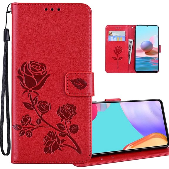 for Xiaomi Redmi Note 10 Pro Rose Flower Wallet Case with PU Leather Flip with Card Holder ID Credit Cards Slot Cash Pockets with Detachable Wristband Cover for Redmi Note 10 Pro Max RS Red