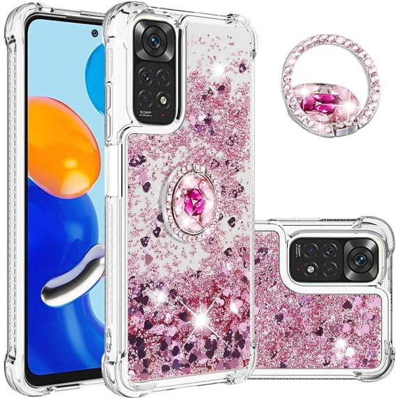 for Xiaomi Redmi Note 11 4G Glitter Case with Ring Holder, Bling Sparkle Floating Liquid Soft TPU Cushion Fashion Clear Case Cover for Xiaomi Redmi Note 11 4G/Redmi Note 11S Rose Gold