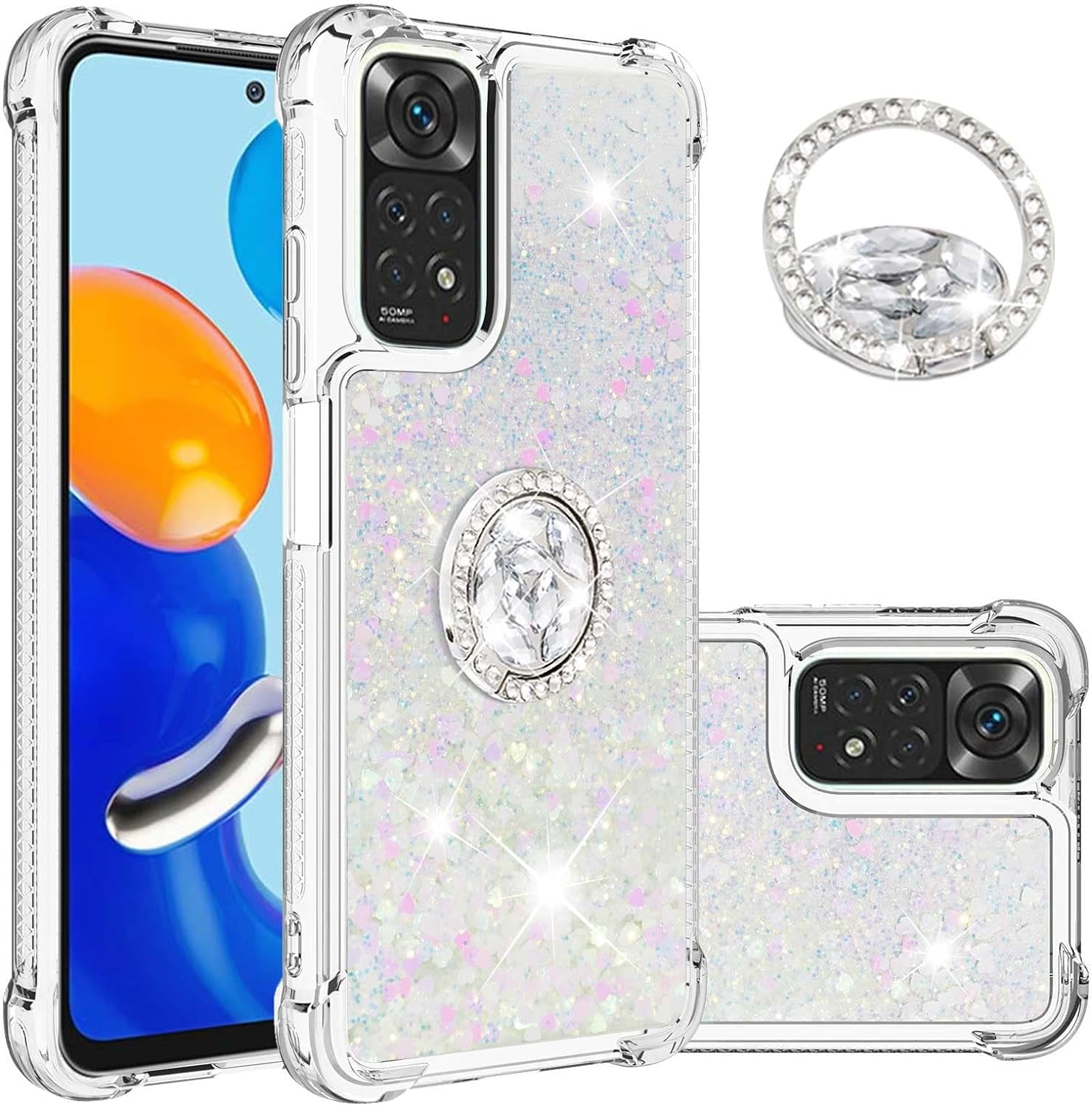 Xiaomi redmi note11 android13 キラキラ for Xiaomi Redmi Note 11 4G Glitter Case with Ring Holder, Bling
