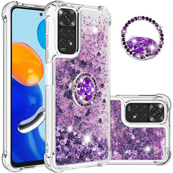 for Xiaomi Redmi Note 11 4G Glitter Case with Ring Holder, Bling Sparkle Floating Liquid Soft TPU Cushion Fashion Clear Case Cover for Xiaomi Redmi Note 11 4G/Redmi Note 11S Purple