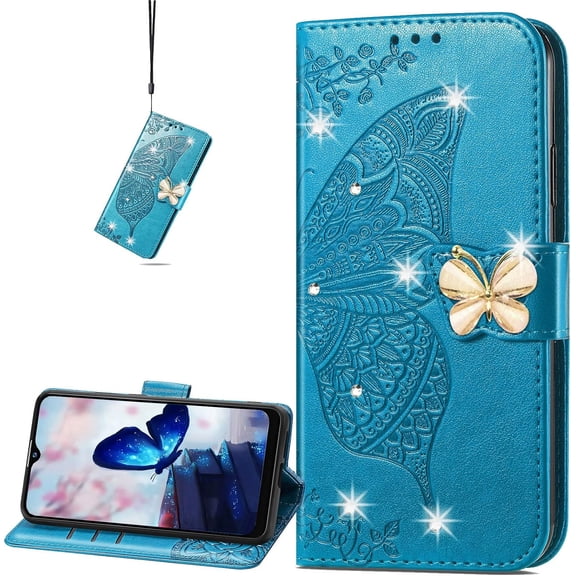 for Xiaomi Redmi Note 11 4G Wallet Case, 3D Butterfly Flower PU Leather with Credit Card Slots Holder Folio Phone Cover for Mi Redmi Note 11 4G/Redmi Note 11S Rhinestone Blue