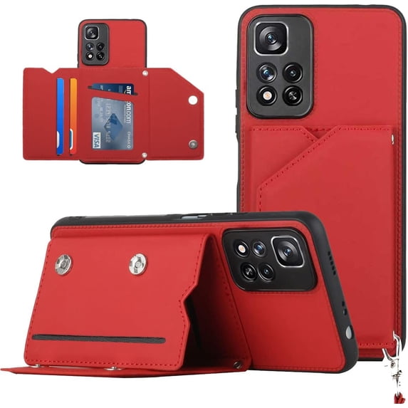 for Xiaomi Redmi Note 11 Pro Wallet Cover,Durable PU Leather Magnetic Closure Kickstand with Wrist Strap Credit Cards Pocket Shockproof Phone Case for Xiaomi Redmi Note 11 Pro YBFG Red