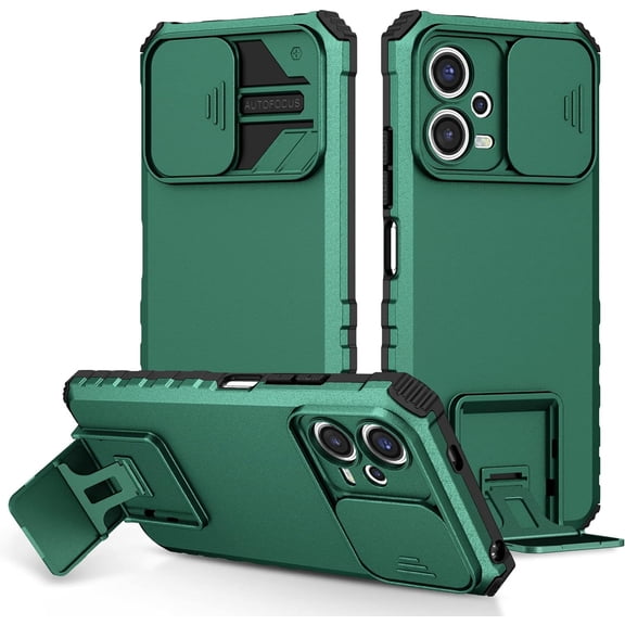 for Xiaomi Redmi Note 12 5G Case (Not 4G) with Slide Camera Cover, [Military Drop Protection] Hard Back & Soft Edge Phone Case with Stereo Bracket for Redmi Note 12 5G/ Poco X5 LTT Dark Green