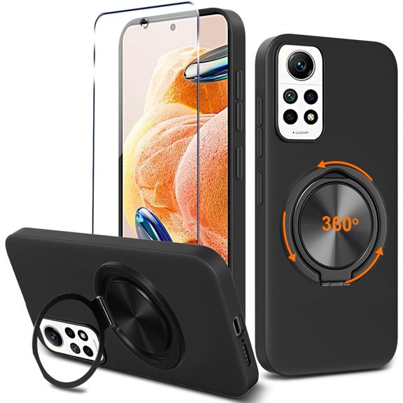 for Xiaomi Redmi Note 12 Pro 4G / Note 11 Pro/Note 11 Pro 5G Phone Case with Tempered Glass Screen Protector 360 Rotatable Ring Holder Kickstand Silicone TPU Protective Cover Case - Black