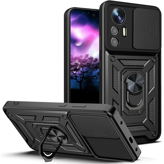for Xiaomi Redmi Note 12S 4G Case with Slide Camera Cover for Men, Military Grade Drop Phone Cover Case with Rotate Ring Kickstand for Xiaomi Redmi Note 12S 4G SJ Black