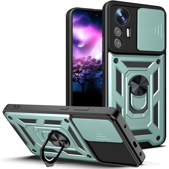for Xiaomi Redmi Note 12S 4G Case with Slide Camera Cover for Men, Military Grade Drop Phone Cover Case with Rotate Ring Kickstand for Xiaomi Redmi Note 12S 4G SJ Green