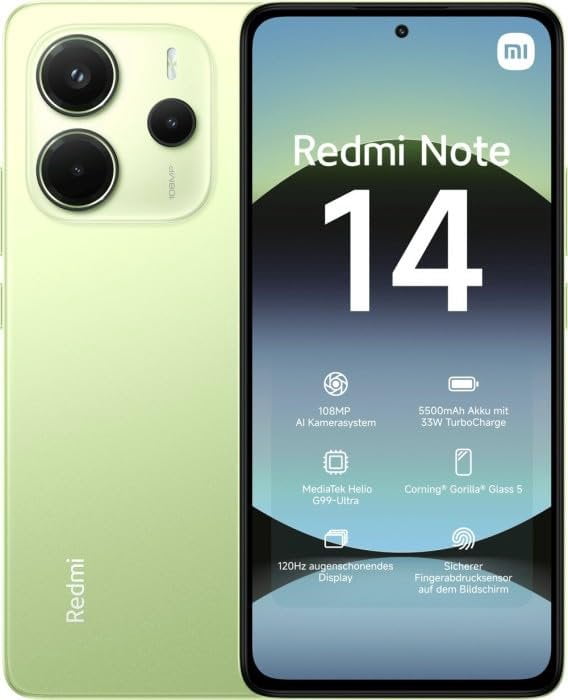 Xiaomi Redmi Note 14 4G LTE for Tmobile Mint Tello Global 256GB + 8GB 6.67" 120Hz 108MP AI Camera Unlocked Global Version Dual Sim Lime Green