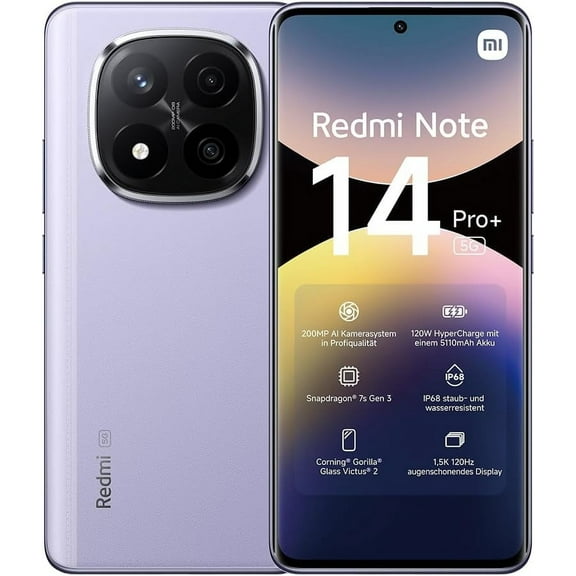 Xiaomi Redmi Note 14 Pro+ 5G GSM Unlocked (for T-Mobile, Mint, Tello, Metro) NFC 6.67" 120Hz 200MP Dual Sim (256GB + 8GB Lavender Purple)