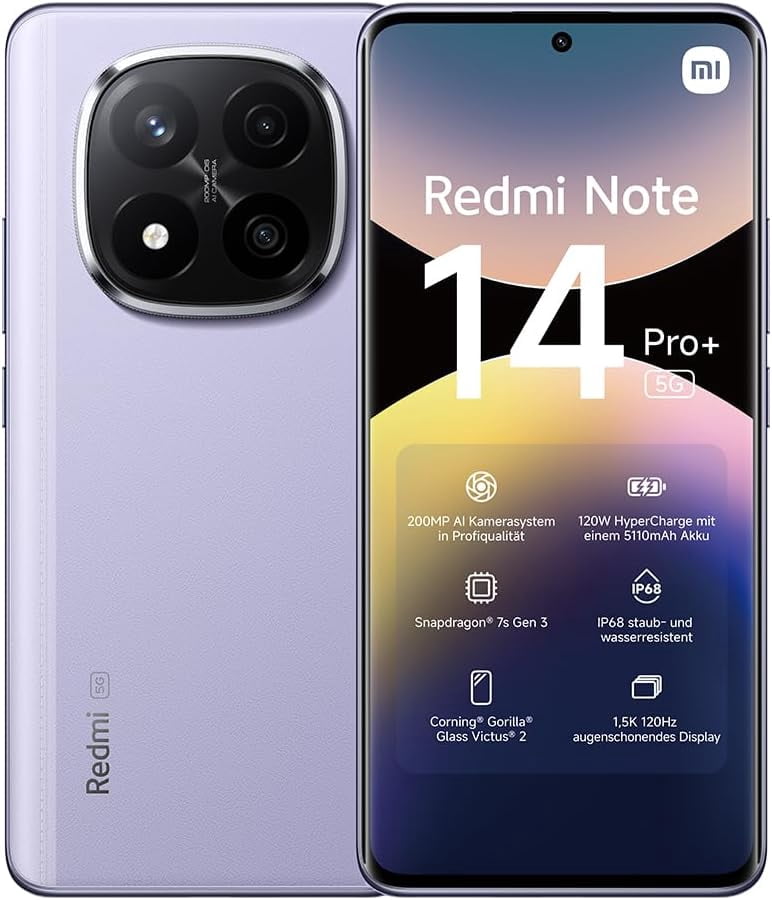 Xiaomi Redmi Note 14 Pro+ 5G GSM Unlocked (for T-Mobile, Mint, Tello, Metro) NFC 6.67" 120Hz 200MP Dual Sim (256GB + 8GB Lavender Purple)